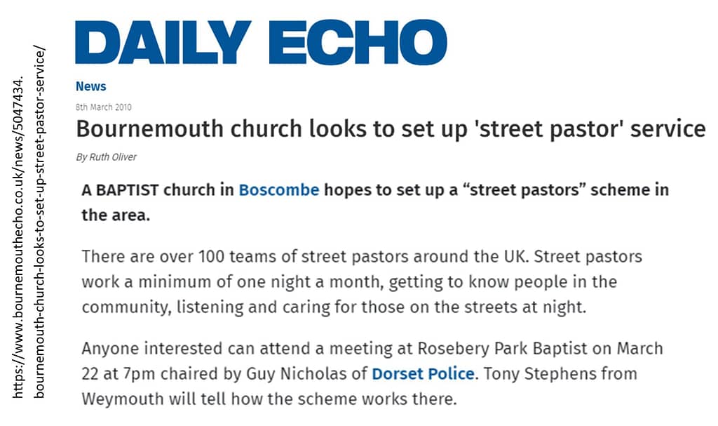 article in Bournemouth Daily Echo from 2010 about a meeting at Rosebery Park Baptist Church to discuss setting up a street pastors scheme
