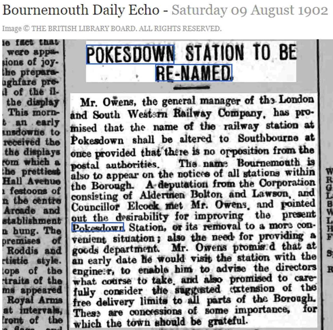 Bournemouth Daily Echo article 1902 suggesting change of name from Pokesdown to Southbourne