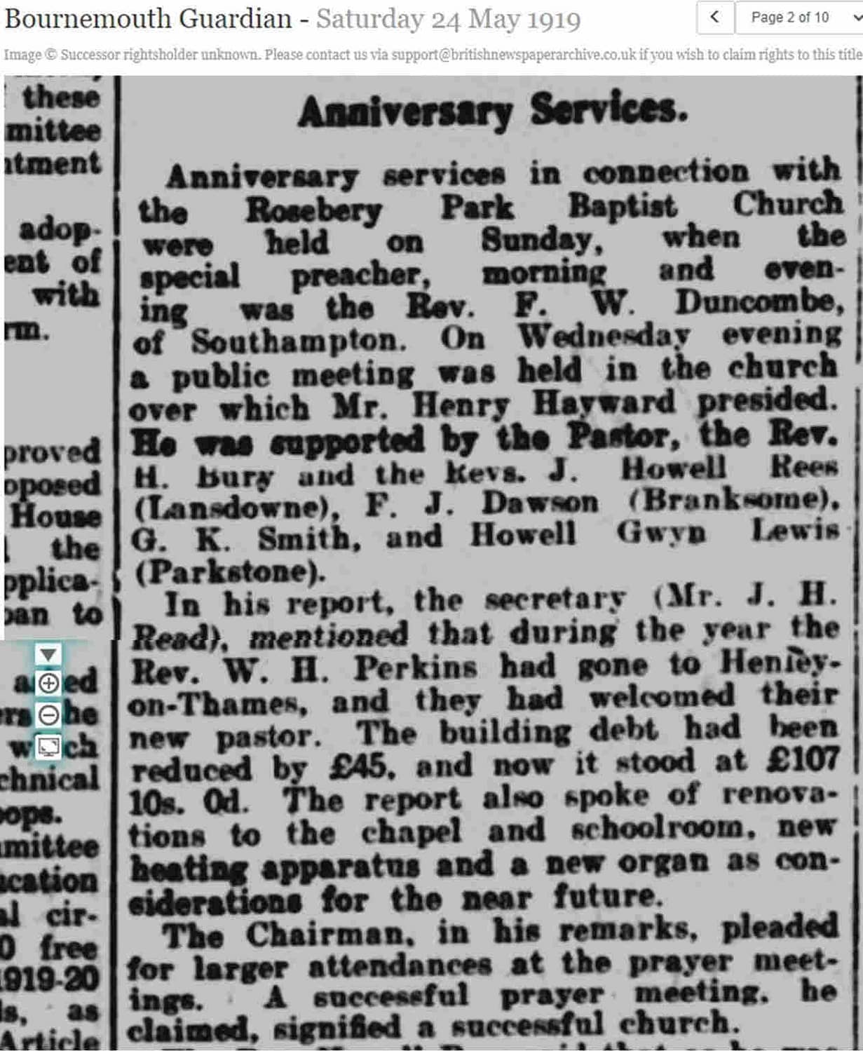 newspaper article Bournemouth Guardian May 1919 about Rosebery Park Baptist Church's anniversary.