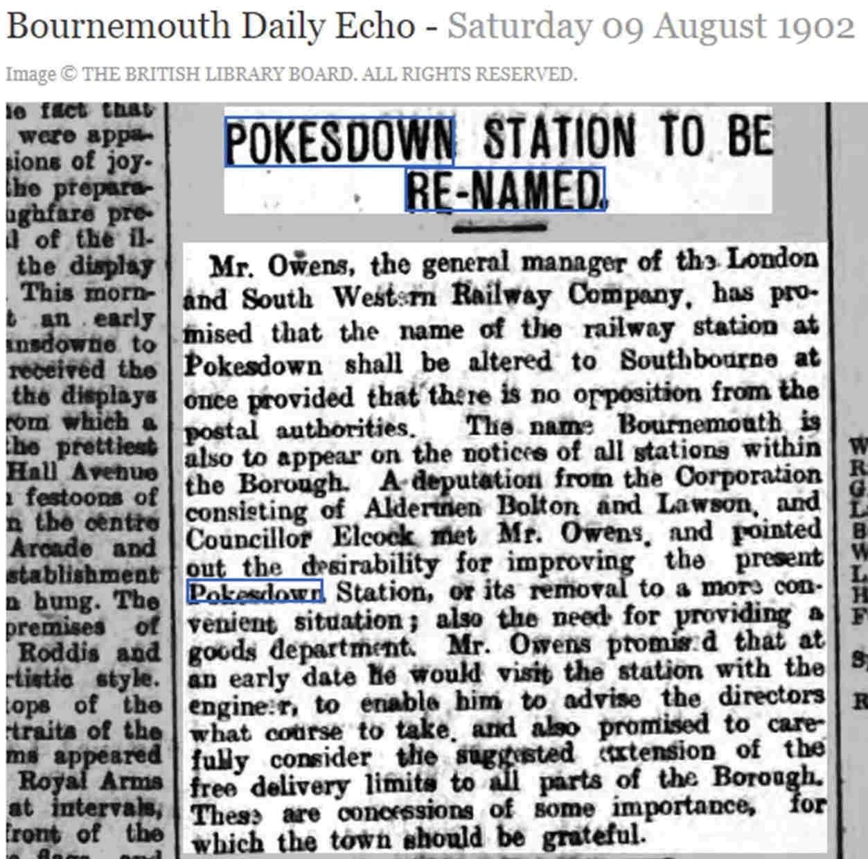 Bournemouth Daily Echo article 1902 suggesting change of name from Pokesdown to Southbourne