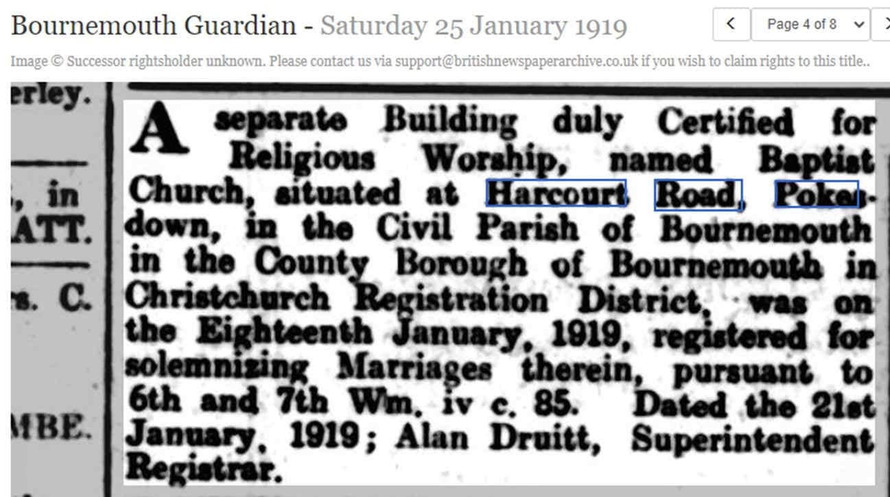 newspaper article in Bournemouth Guardian, 1919, saying the Baptist church in Harcourt Road has been certified for religious worship