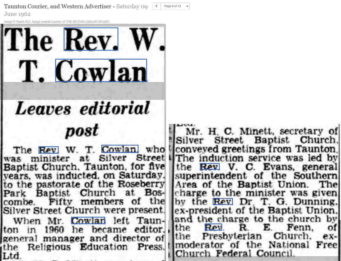 1962 Taunton Courier newspaper article mentioning Rev. Cowlan.