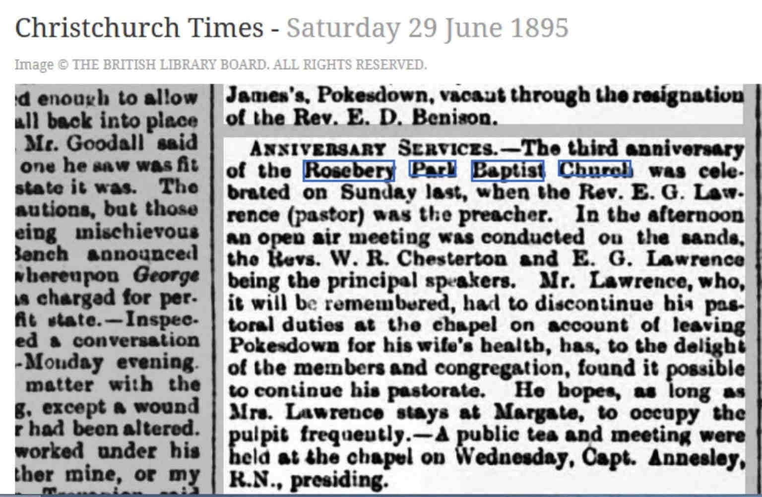 Third anniversary of Rosebery Park Baptist Church newspaper article 1895