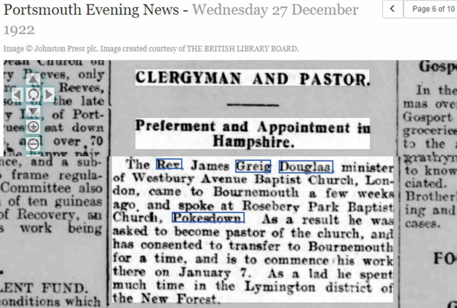 newspaper article about Rev Douglas starting at Rosebery Park Baptist Church
