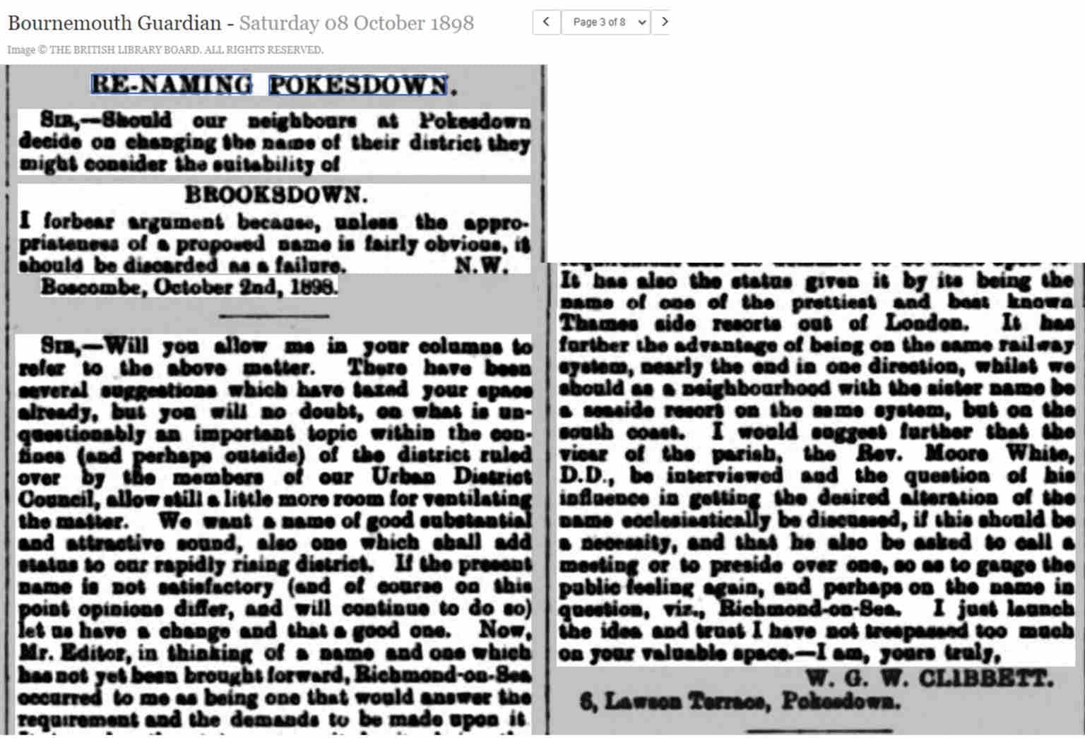 letters to Bournemouth Guardian newspaper 1898 suggesting name of Pokesdown by changed to Brooksdown or Richmond-on-Sea