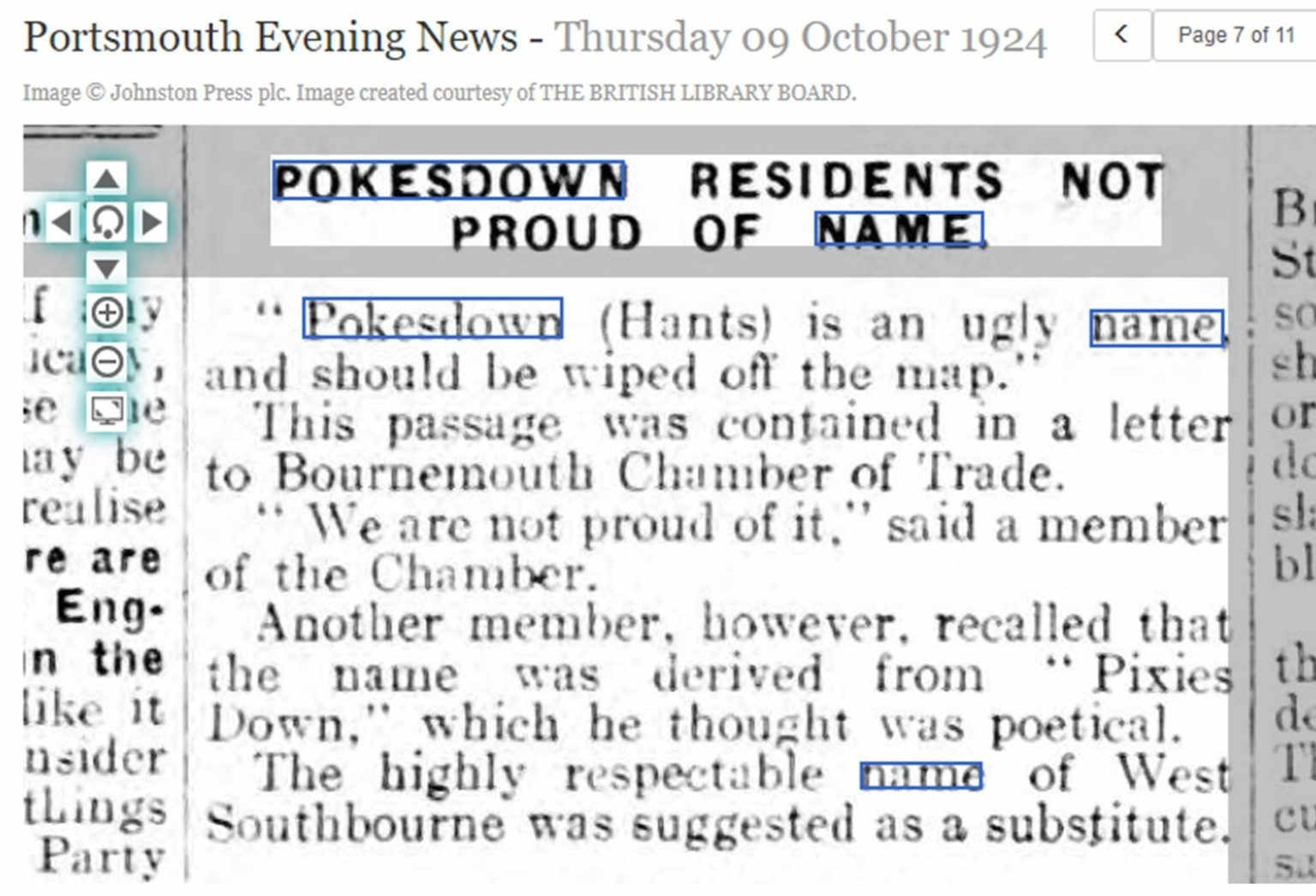 article in Portsmouth Evening News, October 1924, saying Pokesdown is an ugly name