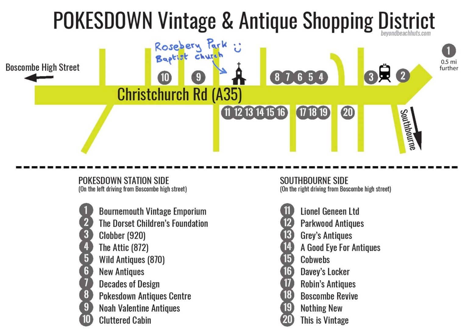 a simplified map of greeny yellow straight roads showing the vintage shops in Christchurch Road, Pokesdown, 2015 made by blog Beyond Beach Huts