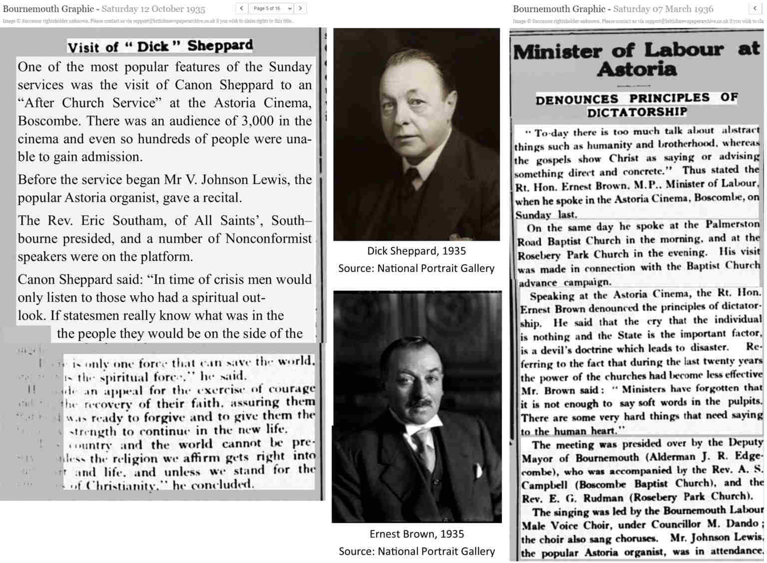 Two newspaper articles from the Bournemouth Graphic, 1935 and 1936, about the visits of Dick Sheppard and Ernest Brown to the Astoria Cinema. In the middle of the two articles are a black and white photograph of each of them, middle aged white men in suits.