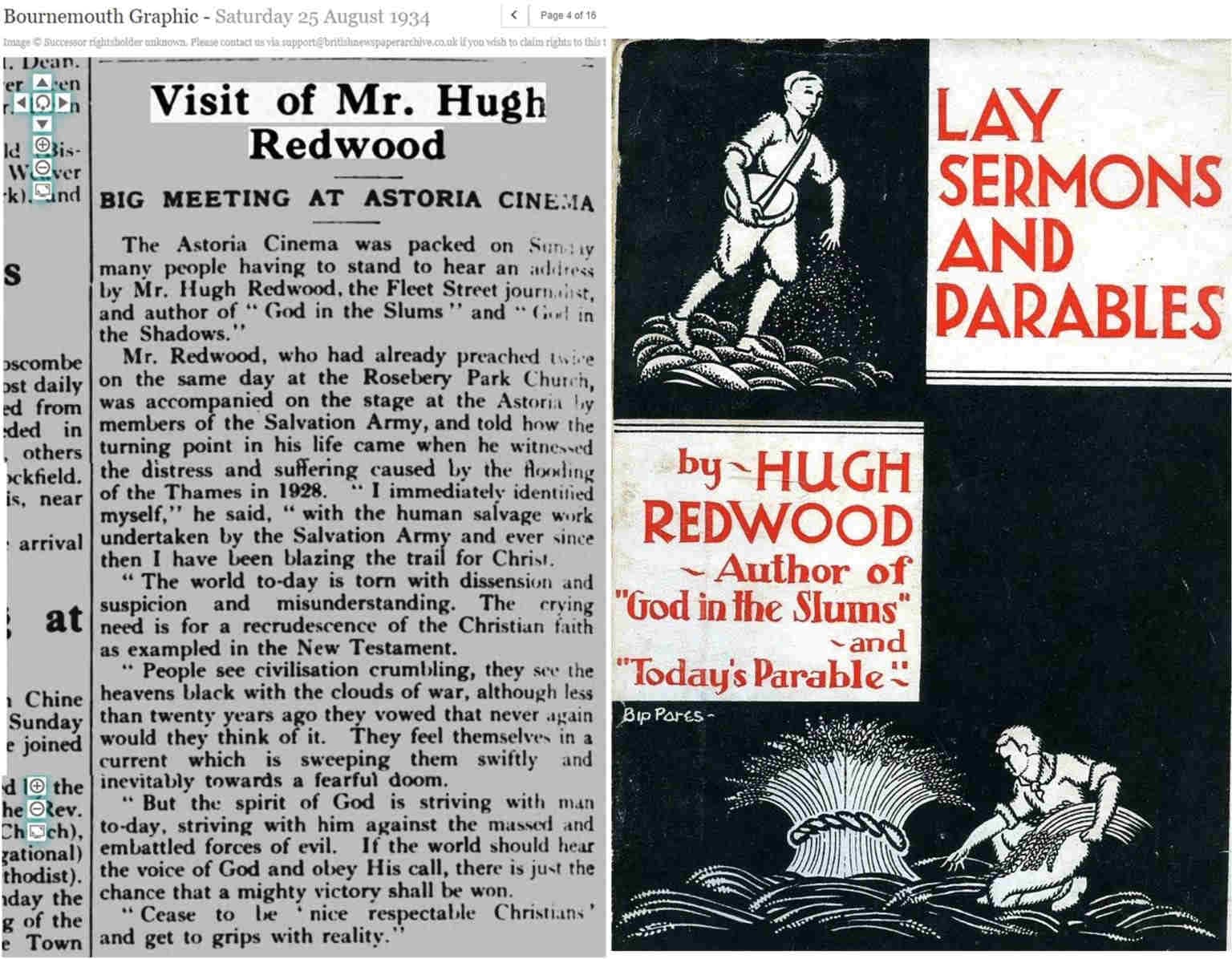 1934 Bournemouth Graphic newspaper article about a Mr redwood meeting at the Astoria Cinema. On the right is the image of a book cover. The title of it is Lay Sermons and Parables by Hugh Redwood, author of God in the Slums and Today's Parable.
