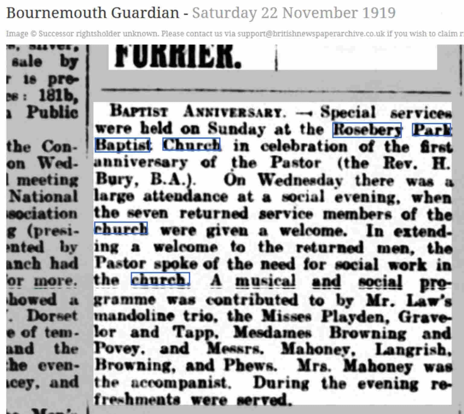 Bournemouth Guardian article November 1919 on the first anniversary on Rev Bury at Rosebery Park Baptist and the returning service men.