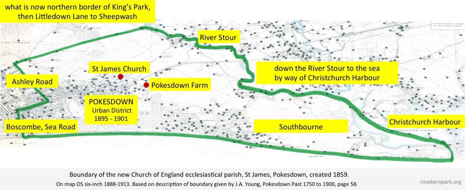 A map showing the boundary of Pokesdown Parish in 1859, stretching from Sea Road, to Kings Park, and over to Christchurch Harbour.