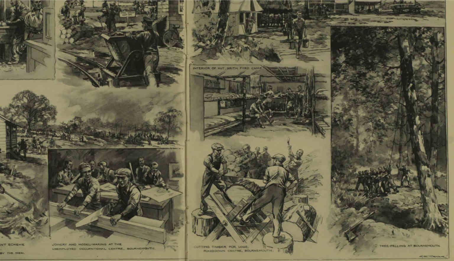 drawing of men cutting timber at the Pokesdown Centre in a scheme for the unemployed, from Illustrated London News, Saturday 8th April 1933