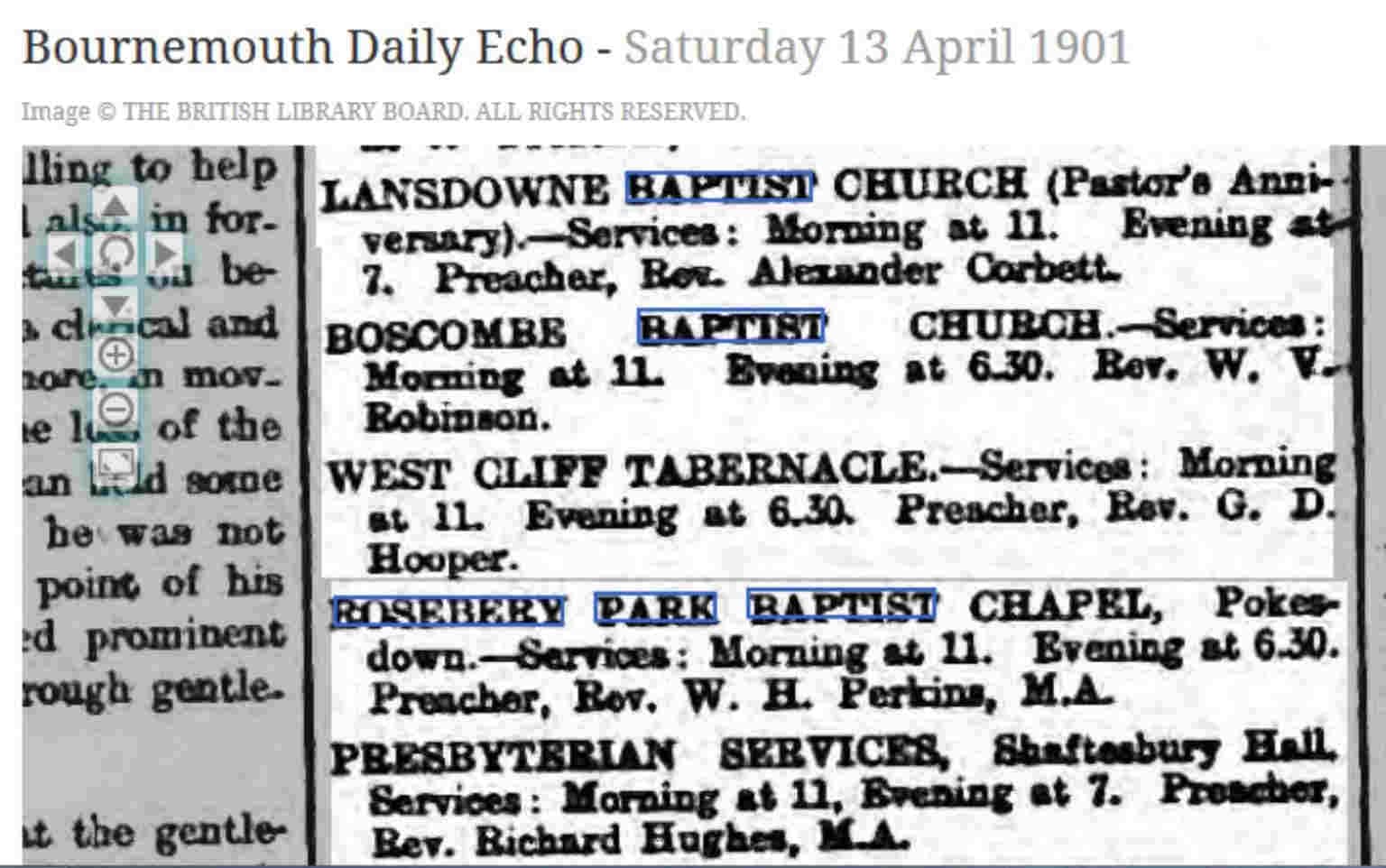 Rosebery Park Baptist Chapel Pokesdown service times 1901 newspaper ad