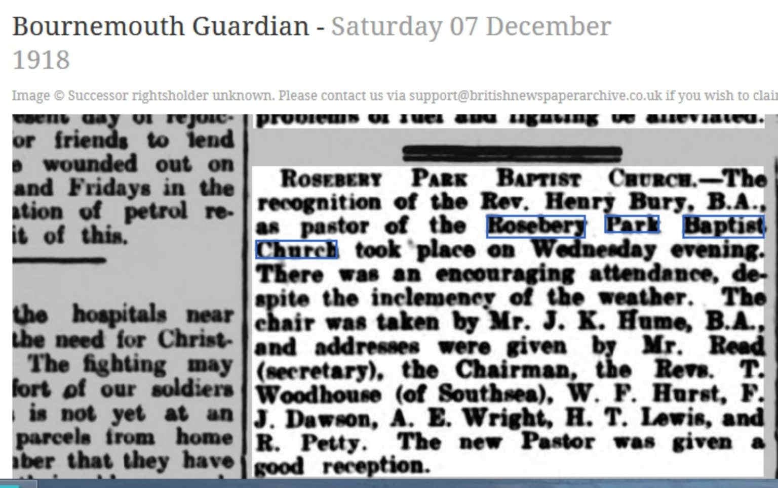 Bournemouth Guardian 1918 Henry Bury recognised as pastor RPBC