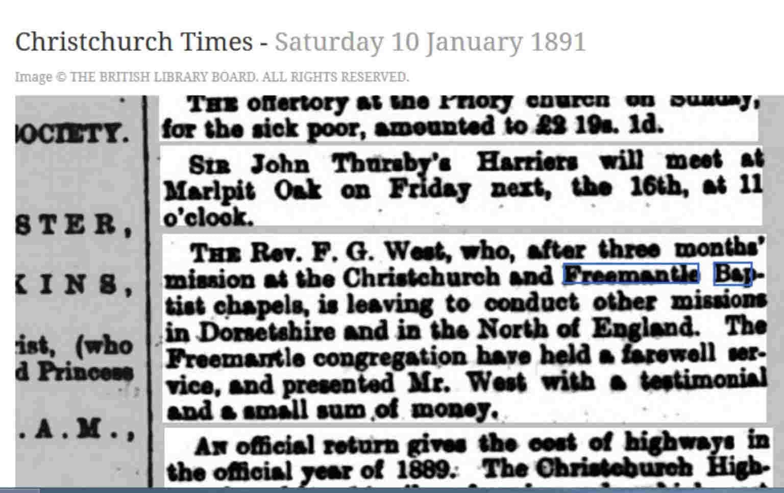 article about Freemantle Baptist Chapel minister leaving 1891
