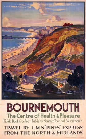 1930s travel railway poster with colour painting of Bournemouth cliffs, beach and pier, text includes "Bournemouth: The Centre of Health & Pleasure. Travel by LMS Pines Express"