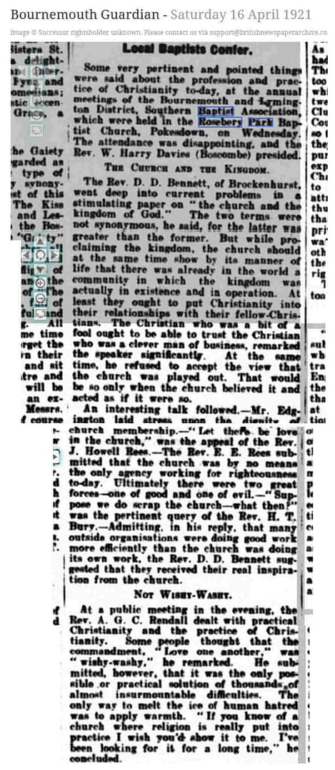 Bournemouth Guardian 1921 article on Southern Baptist Association meeting