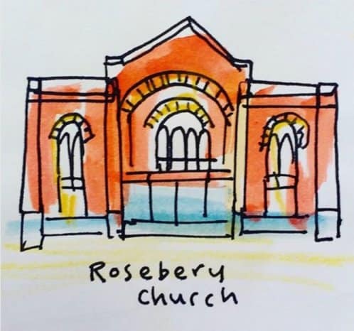 colourful illustration of the Rosebery Park Baptist Church building by the artist Tim Smart