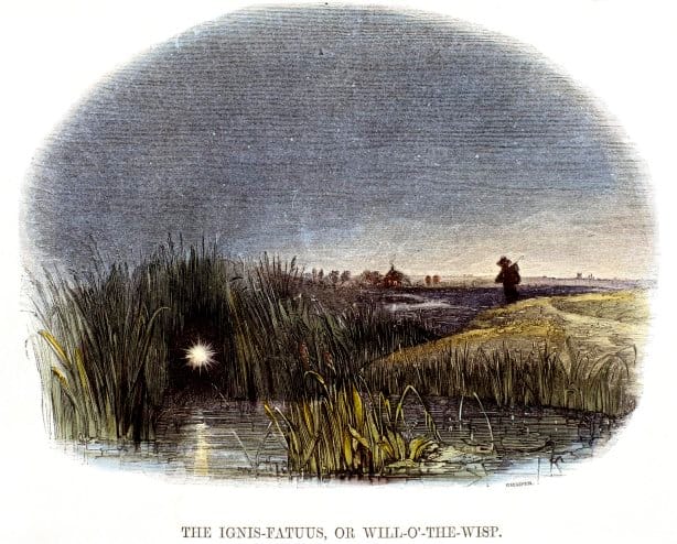 coloured print from an engraving showing a person with a hat walking in the dark on marsh type land heading towards a glowing light