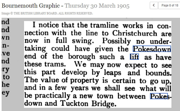 newspaper cutting from the Bournemouth Graphic in 1905, praising the extension of the tramway to Pokesdown