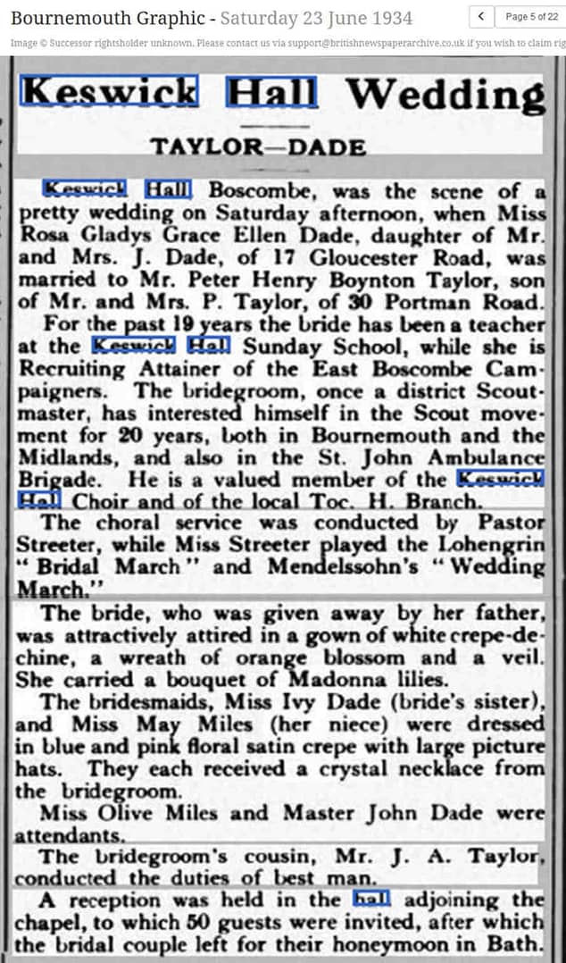 Bournemouth Graphic newspaper article from 1934 about a wedding at Keswick Hall.