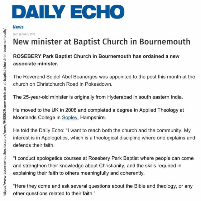 Bournemouth Daily Echo article from 2012 about Rev Seidel Abel Boanerges being ordained as associate minister for Rosebery Park Baptist Church