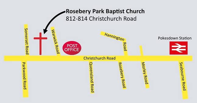 simplified street map showing location of Rosebery Park Baptist Church on Christchurch Road in Pokesdown
