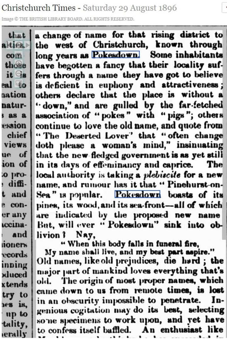 newspaper article from Christchurch Times 1896 discussing whether the name Pokesdown should be changed to Pinehurst-on-Sea