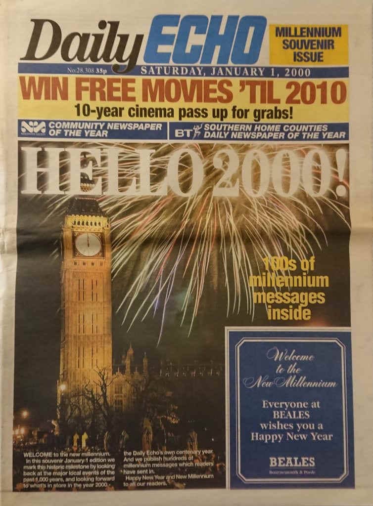 colour photo of front page of local newspaper The Daily Echo with headline Hello 2000!