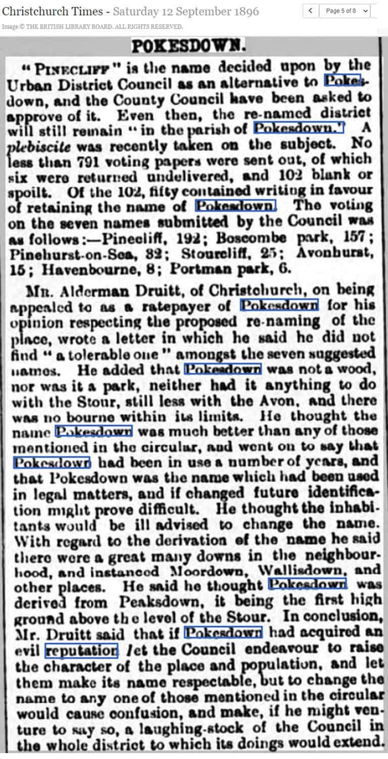 newspaper article about proposed alternative names for Pokesdown, with Pinecliff being the favourite