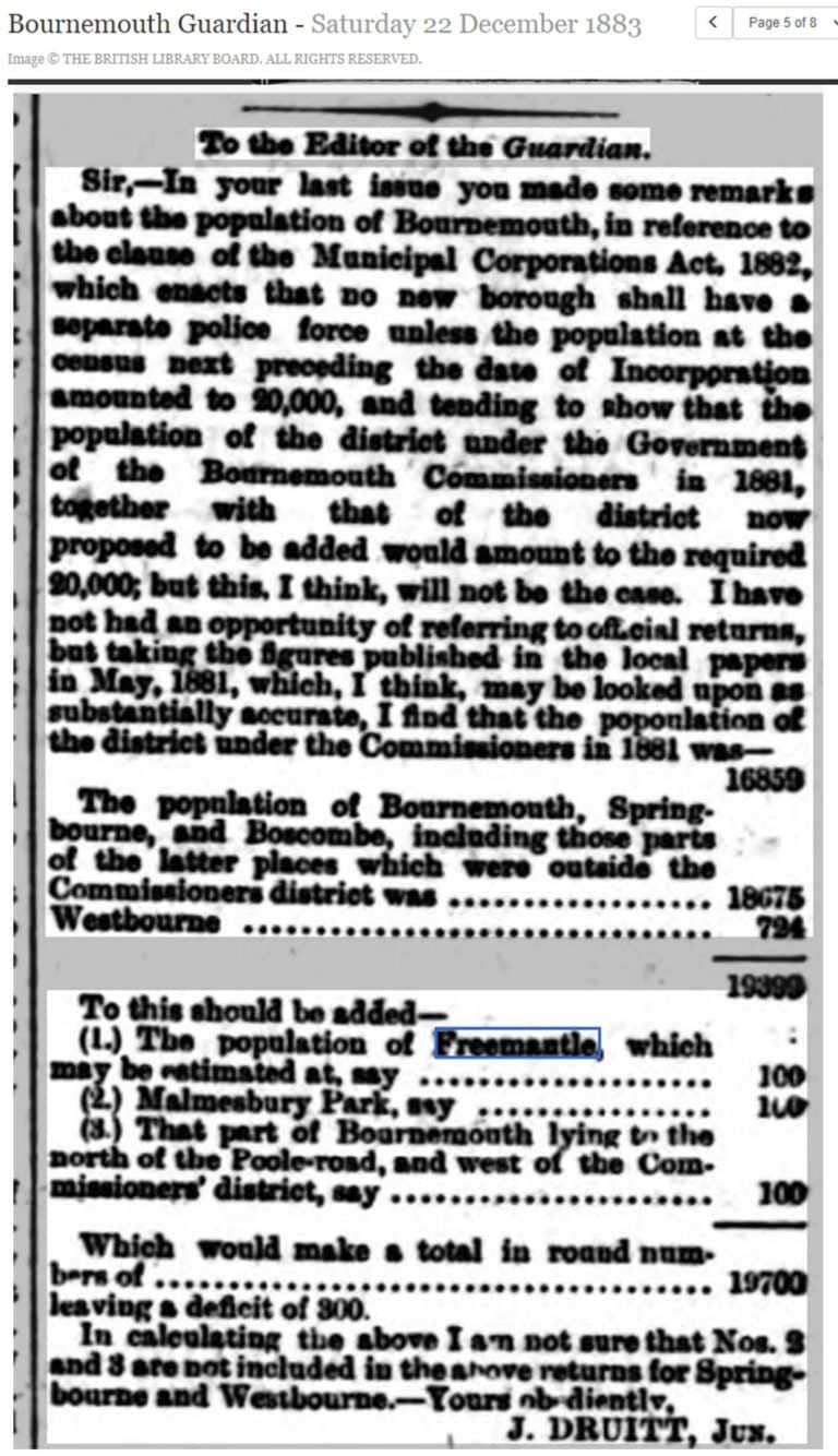 letter to Bournemouth Guardian newspaper, 1883, about the population of Freemantle which is estimated at 100 people
