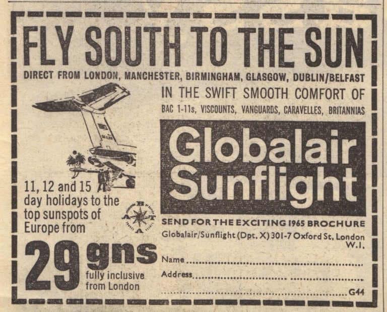 Newspaper ad saying Fly South to the Sun 29 gns