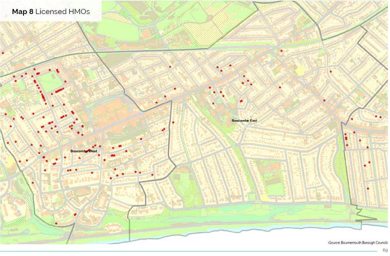 Basic street map of Boscombe West and Boscombe East with grey outlines showing the ward boundaries. Red starts dotted about the map show the location of houses in multiple occupation. There are more in Boscombe West.
