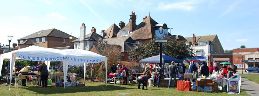 colour photo of stalls on Pokesdown Green for a fair, from April 2013