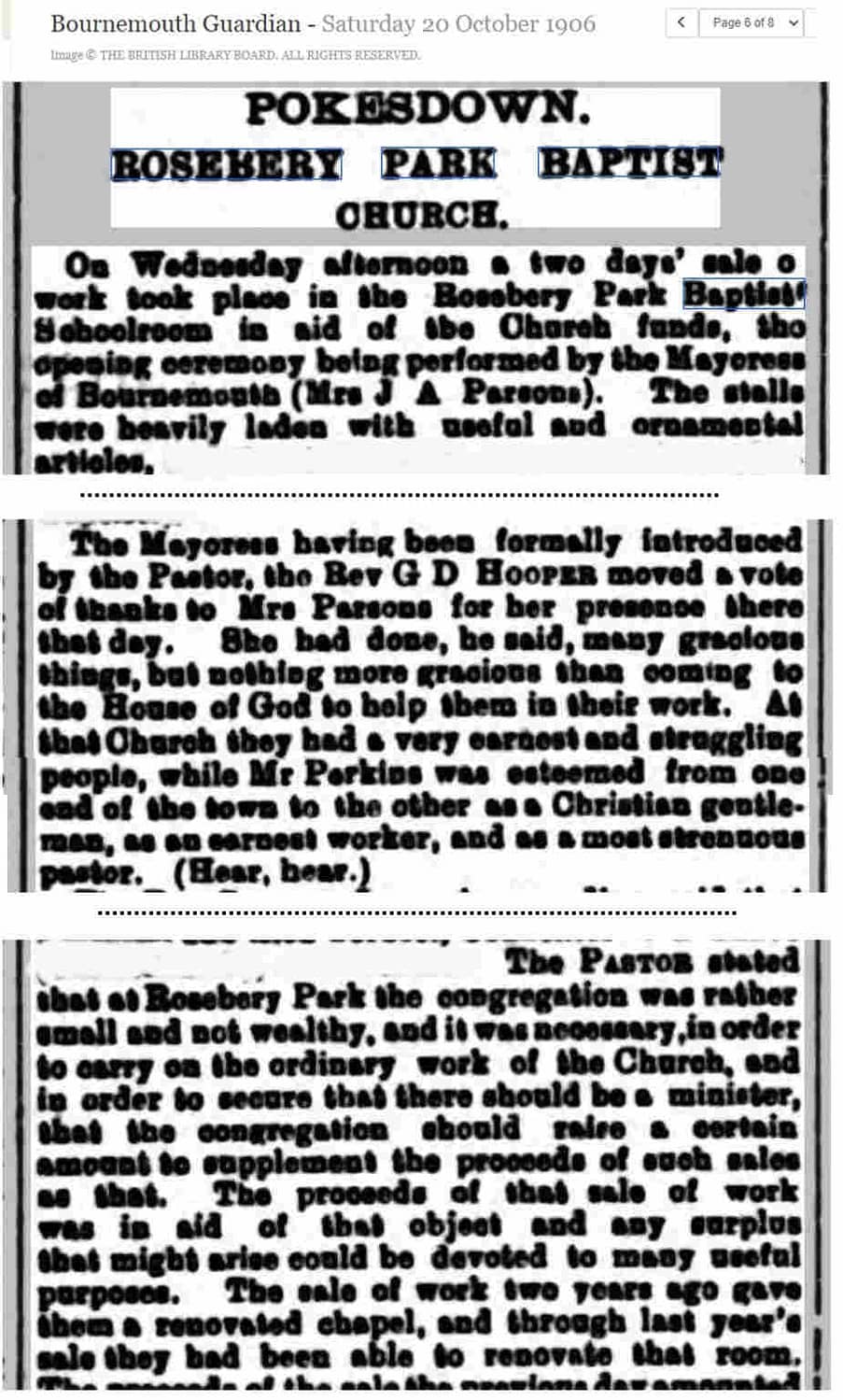 article in the 1906 Bournemouth Guardian about the sale of work at Rosebery Park Baptist describing Mr Perkins as esteemed from one end of the town to the other.