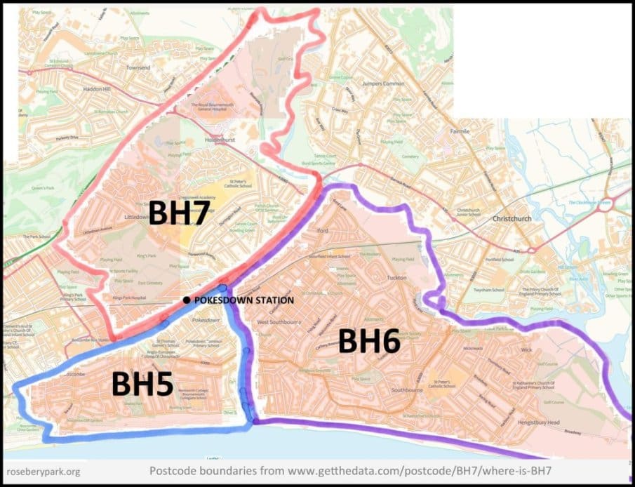 Map showing the boundaries of postcode areas BH5, BH6 and BH7.
