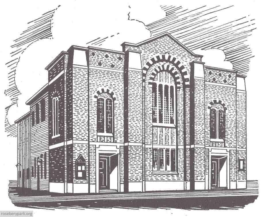 Black and white hand drawing of Keswick Hall as it looked about 1951. A squarish brick building with entrance doors on the left and right of the front wall.