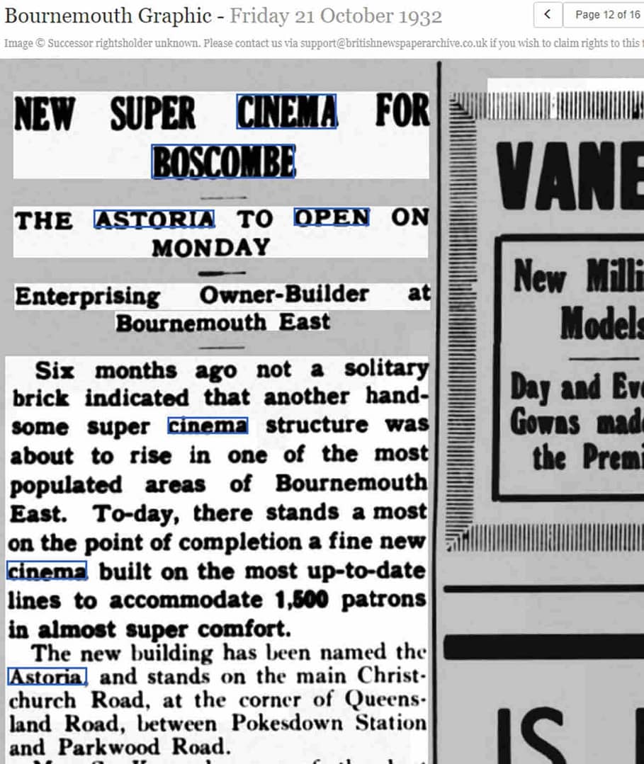 newspaper article about new cinema Astoria opening