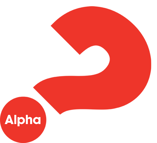 A bright red question mark, tilted to the right, with the word Alpha in white within the dot at the end of it.