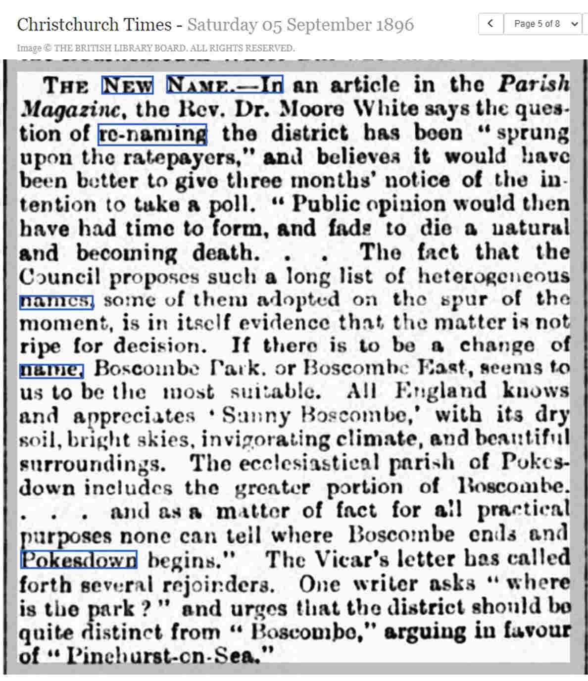 article in Christchurch Times, September 1896, about changing the name of Pokesdown to Boscombe Park or Boscombe East or Pinehurst on Sea