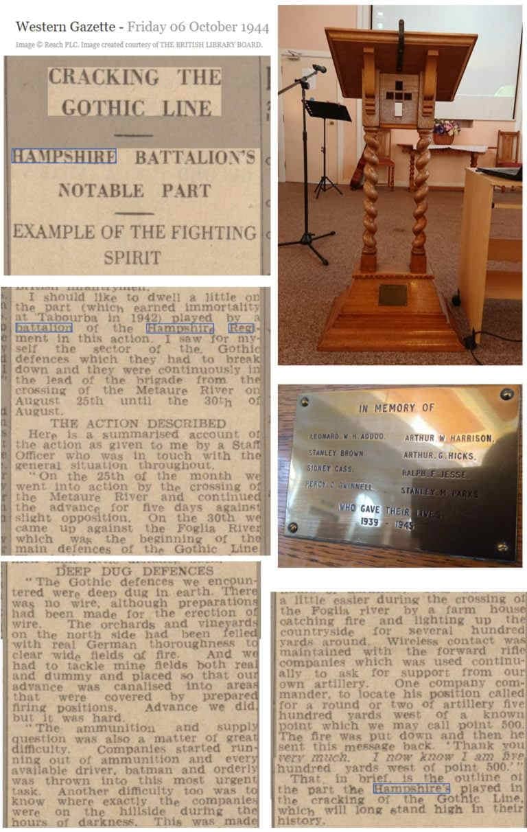 image of a yellowed newspaper article from the Western Gazette, October 1944, about the Gothic Line offensive during World War Two. Next to it is a colour photo of the war memorial in church which is an oak lectern with a brass plate with the names of those who died engraved on it.