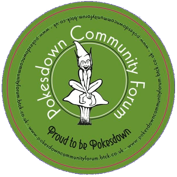 Pokesdown Pixie symbol, a white pixie on a toadstool, on a green background, text is Pokesdown Community Forum, Proud to be Pokesdown