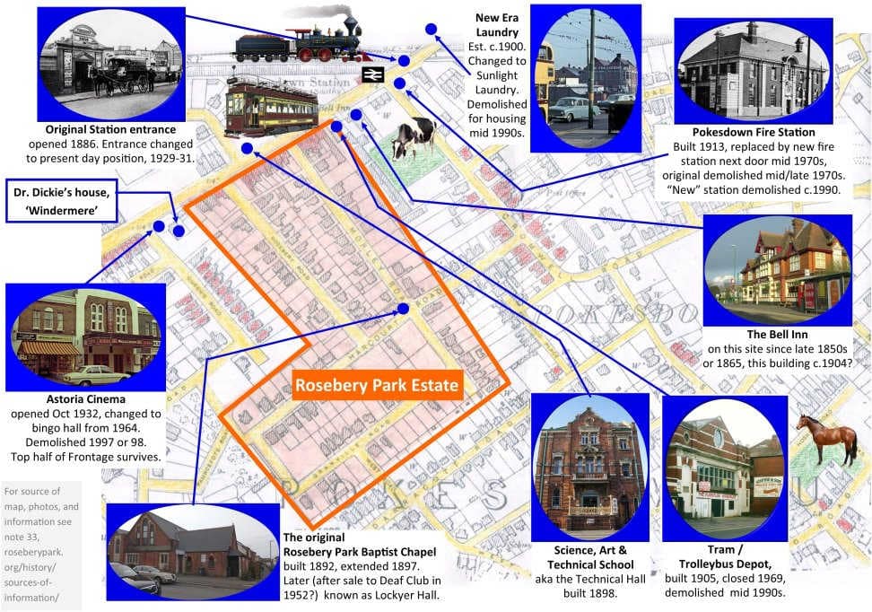 A map showing the boundary of the Rosebery Park Estate in 1898 surrounded by photos of famous historic buildings nearby.