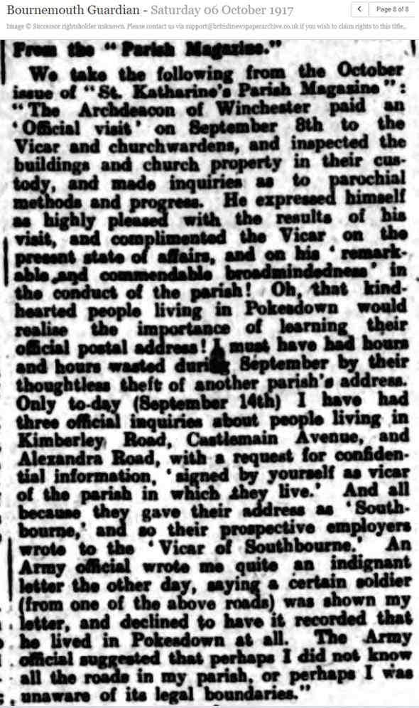 newspaper article about a soldier who claims his district address is Southbourne when it is in fact Pokesdown