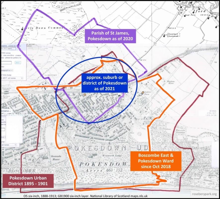 Map showing boundaries of Pokesdown modern suburb, parish, ward, and the old urban district over-laid.