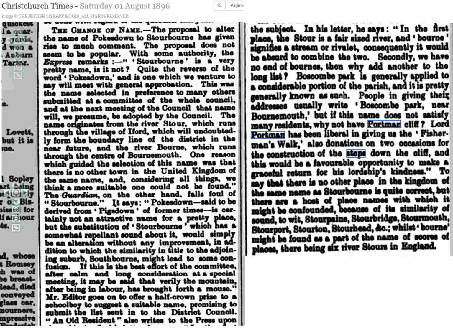 1896 Christchurch Times newspaper article discussing whether Stourbourne or Portman Cliff would be good alternatives to the name "Pokesdown"