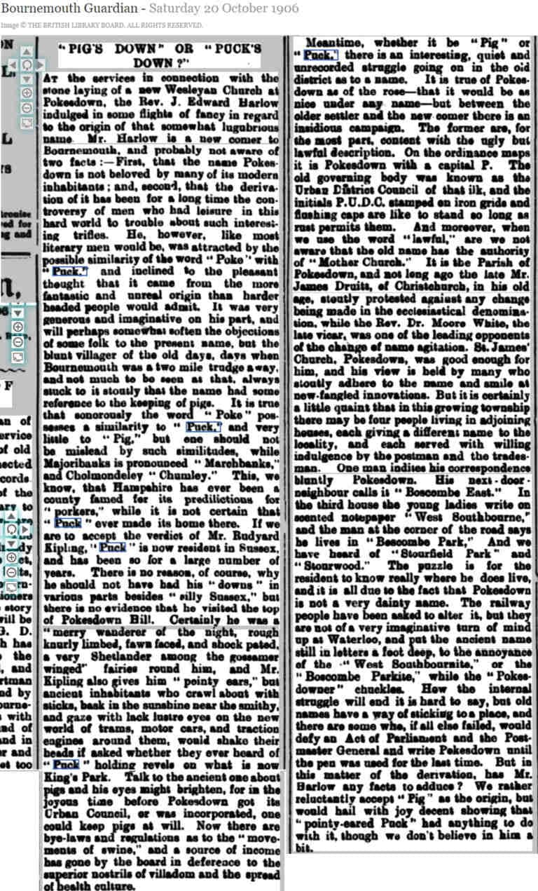newspaper article from Bournemouth Guardian 1906 discussing if the name Pokesdown is from pigs or Puck