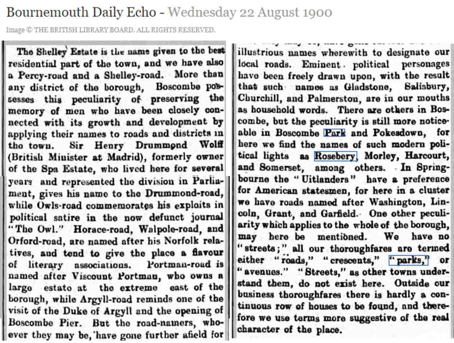 newspaper article about how roads are named in Bournemouth