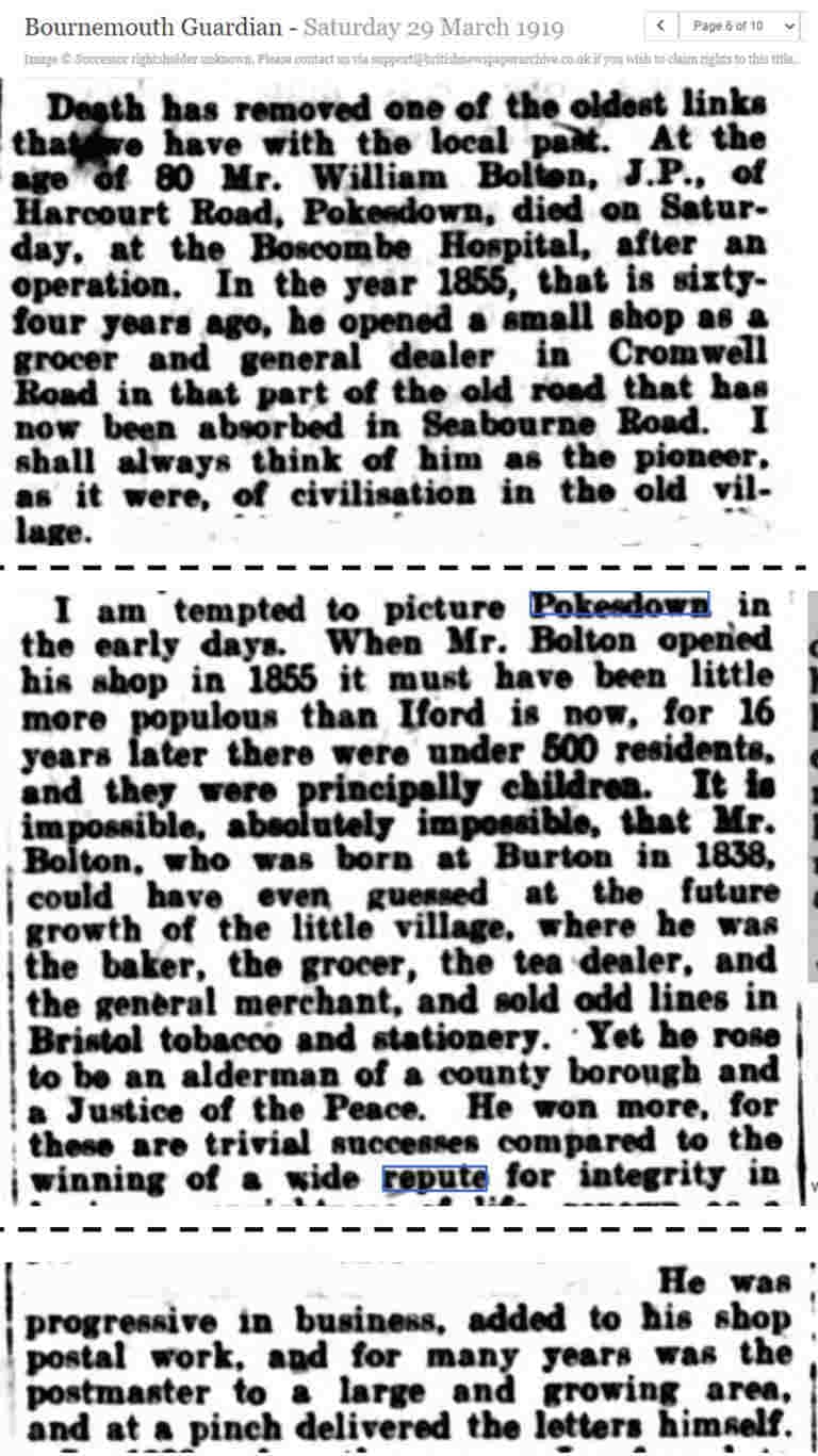 newspaper article about the life and work of founding father of urban Pokesdown, Mr William Bolton